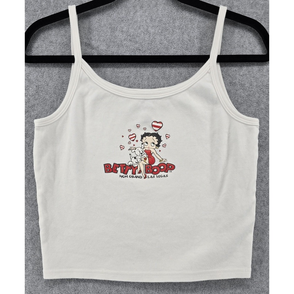 Vtg Betty Boop Pudgy Dog Tank Top Sz L MGM Grand Exclusive Y2K 90's‎ White Crop